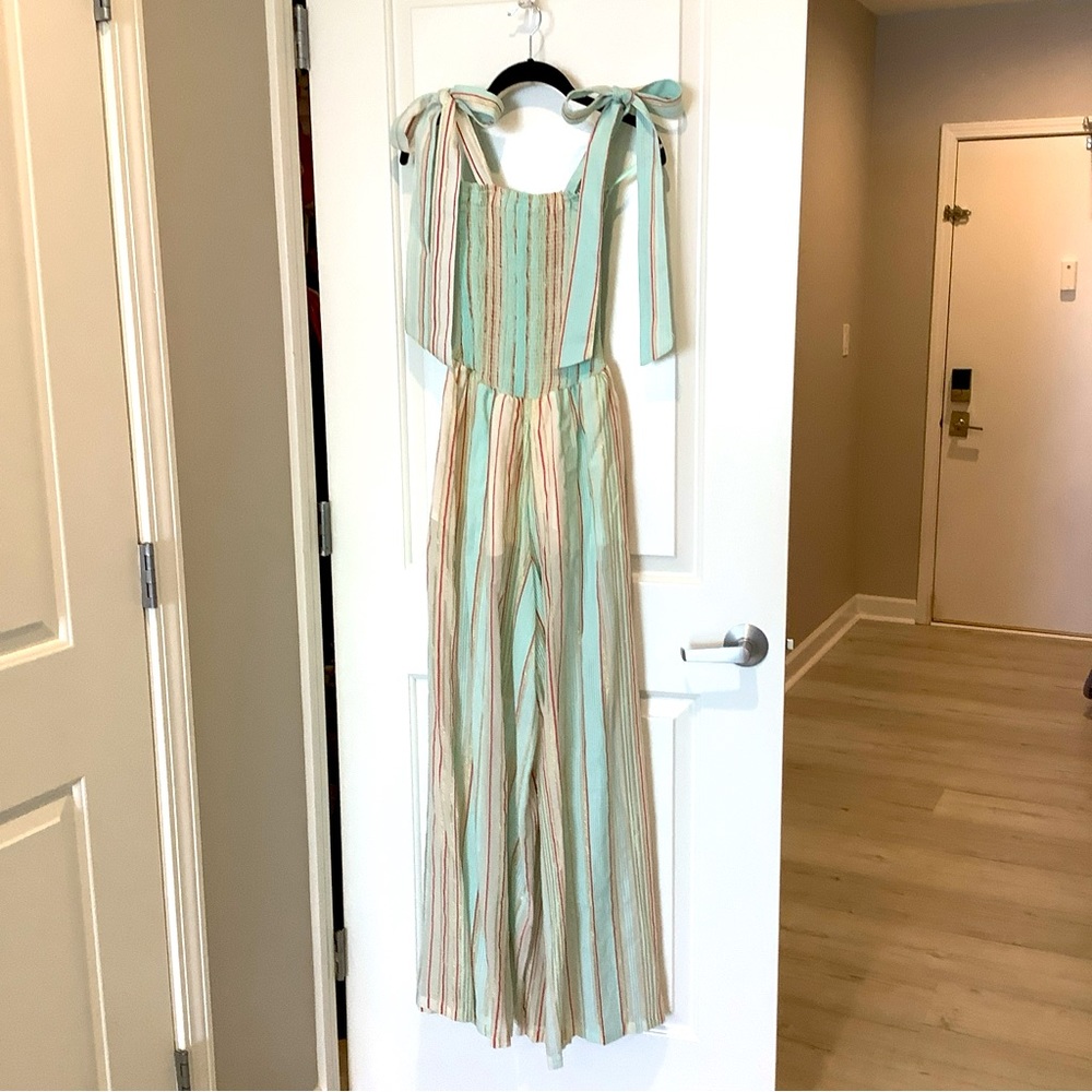 My Beachy Side smocked striped jumpsuit sz XS Aqua